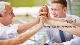  Presentation with team celebration - Slide deck with company celebration - many hands of business team background and a coral colored foreground