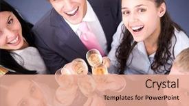  Presentation with happy birthday and colorful party - Slides with company celebration - photo of happy friends cheering background and a coral colored foreground