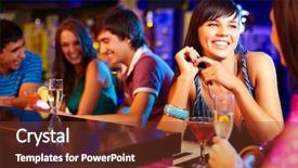  Presentation with party - Presentation theme featuring company celebration - portrait of pretty girls talking background and a tawny brown colored foreground