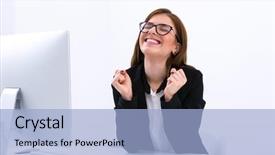  Presentation with workplace - Cool new presentation with company celebration - successful business woman sitting backdrop and a light blue colored foreground