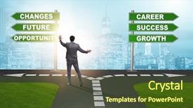  Presentation with crossroads - Slide deck featuring company change - businessman having hard choice standing background and a tawny brown colored foreground
