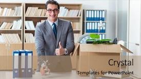  Presentation with office ergonomics man worker exercising - Slide deck consisting of company change - man moving office with box background and a coral colored foreground