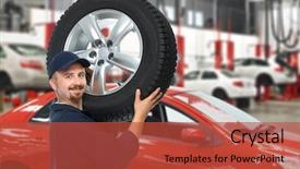  Presentation with garage car - Theme having company change - smiling car mechanic background and a  colored foreground