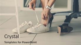  Presentation with shoes - Amazing slides having company change - woman changing shoes in office backdrop and a mint green colored foreground