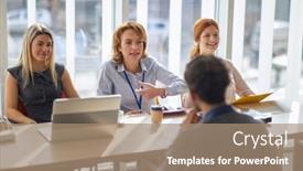  Presentation with job interview - Cool new slide set with company-commission-having-an-interview backdrop and a coral colored foreground