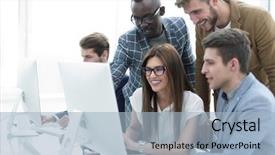  Presentation with software - PPT theme enhanced with company employees working in software background and a light blue colored foreground