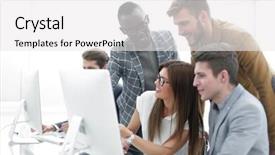  Presentation with software - Amazing slides having company employees working in software backdrop and a  colored foreground