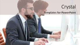  Presentation with software development binary stream - Slide deck featuring company employees working in software background and a  colored foreground