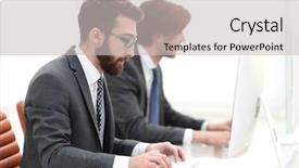  Presentation with software - Slide deck having company employees working in software background and a light gray colored foreground
