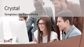  Presentation with office management - Presentation having company employees working in software background and a light gray colored foreground