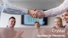  Presentation with business growth - Presentation design enhanced with company growth - businesswomans handshake on team meeting background and a coral colored foreground