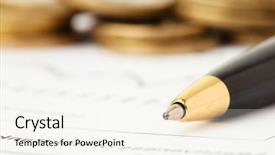  Presentation with fountain pen and inkpot - Theme enhanced with company growth - pen and coins background and a sky blue colored foreground