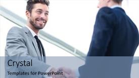  Presentation with shaking hands - Audience pleasing presentation theme consisting of company introduction - business handshake two business people backdrop and a teal colored foreground