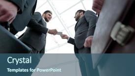  Presentation with business partner - Colorful presentation theme enhanced with company introduction - businessman handing business card backdrop and a ocean colored foreground