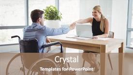  Presentation with introduction - Presentation design consisting of company introduction - smiling executives shaking hands background and a  colored foreground