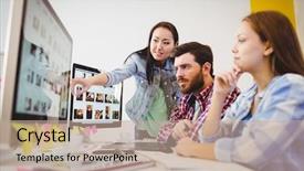 Presentation with my panorama on computer screen - Presentation design enhanced with company logo - businesswoman showing computer screen background and a coral colored foreground