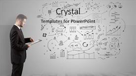  Presentation with company - Amazing presentation design having company logo - manager staying and presenting office backdrop and a light gray colored foreground