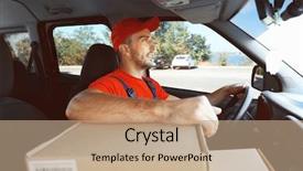  Presentation with sleepy yawning man driving car - PPT theme enhanced with company manual - delivery man driving car loaded background and a  colored foreground