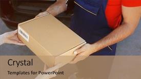  Presentation with company - Slide deck with company manual - woman receiving parcel from delivery background and a coral colored foreground