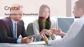  Presentation with interview - Cool new presentation design with company meeting - business team conducts an interview backdrop and a  colored foreground