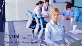  Presentation with staff meeting - Amazing theme having company meeting - business woman with her staff backdrop and a light blue colored foreground