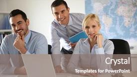  Presentation with team - Beautiful slide set featuring company meeting - portrait of cheerful business team backdrop and a gray colored foreground