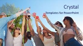  Presentation with company - Colorful presentation design enhanced with company of buddies raising hands backdrop and a  colored foreground