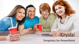  Presentation with company - Audience pleasing PPT theme consisting of company of smart groupmates sitting by the table and having break after lesson backdrop and a coral colored foreground