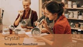  Presentation with company - Presentation theme with company-of-three-cheerful-young background and a coral colored foreground