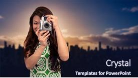  Presentation with photograph - Colorful PPT layouts enhanced with company overview - smiling asian woman taking photograph backdrop and a  colored foreground