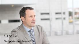  Presentation with businessman standing on mountain top - Audience pleasing presentation design consisting of company owner - businessman standing outside the office backdrop and a  colored foreground