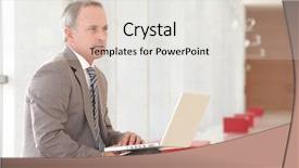  Presentation with cyber stalking computer laptop suffering - Beautiful theme featuring company owner - businessman with laptop computer waiting backdrop and a  colored foreground