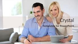  Presentation with free aging at home - Slide deck having company owner - middle-aged couple working from home background and a coral colored foreground