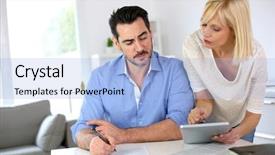  Presentation with free aging at home - Colorful presentation design enhanced with company owner - middle-aged couple working from home backdrop and a light blue colored foreground