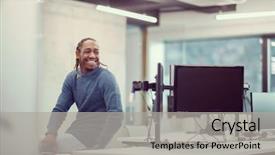  Presentation with african american startup - Presentation design consisting of company owner - portrait of young smiling african background and a light gray colored foreground