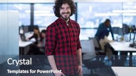  Presentation with developer - Amazing slide set having company owner - portrait of young smiling successful backdrop and a ocean colored foreground