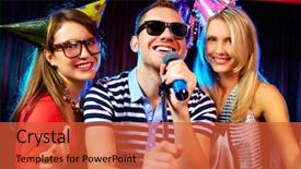  Presentation with microphone - Presentation having company party - portrait of happy friends singing background and a red colored foreground