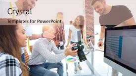  Presentation with company - Cool new slides with company photos - group photo of editors working backdrop and a  colored foreground