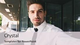  Presentation with formal - Slides having company photos - image of young businessman dressed background and a  colored foreground