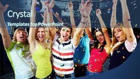  Presentation with raising the bar - PPT theme having company photos - photo of excited teenagers raising background and a ocean colored foreground