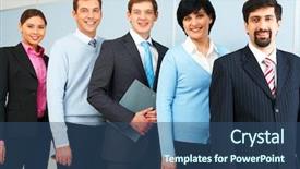  Presentation with employees - Presentation theme enhanced with company photos - photo of successful employees looking background and a ocean colored foreground