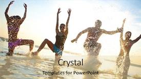  Presentation with sunset beach - Colorful slides enhanced with company picnic - group of happy young people backdrop and a lemonade colored foreground