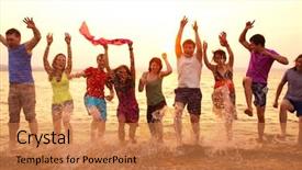  Presentation with sunset beach - Amazing PPT layouts having company picnic - group of happy young people backdrop and a coral colored foreground