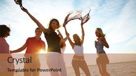  Presentation with group of diverse people - Slides consisting of company picnic - group of happy young people background and a  colored foreground