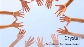  Presentation with stretching - Audience pleasing slide set consisting of company picnic - hands of young people stretching backdrop and a sky blue colored foreground