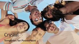  Presentation with community service happy volunteer group - Amazing slides having company picnic - happy young friends group have backdrop and a coral colored foreground