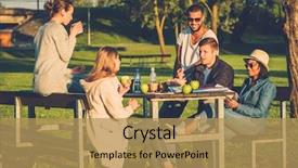  Presentation with multi ethnic group - Theme enhanced with company picnic - multi-ethnic group of friends drinking background and a yellow colored foreground