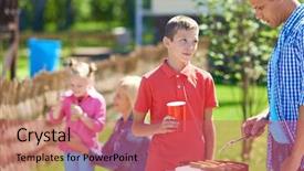  Presentation with sausages meatball - Audience pleasing presentation theme consisting of company picnic - portrait of young man frying backdrop and a coral colored foreground