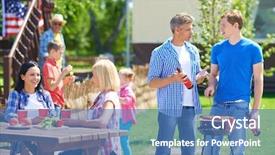  Presentation with families - PPT theme with company picnic - portrait of young men frying background and a teal colored foreground