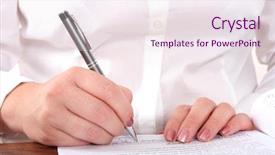  Presentation with policy writing - Presentation with company policy - businesswoman writing on a form background and a sky blue colored foreground